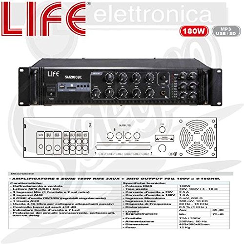 Life Amplificatore 6 Zone 180W con Porta USB SD RMS 3 AUX Mic